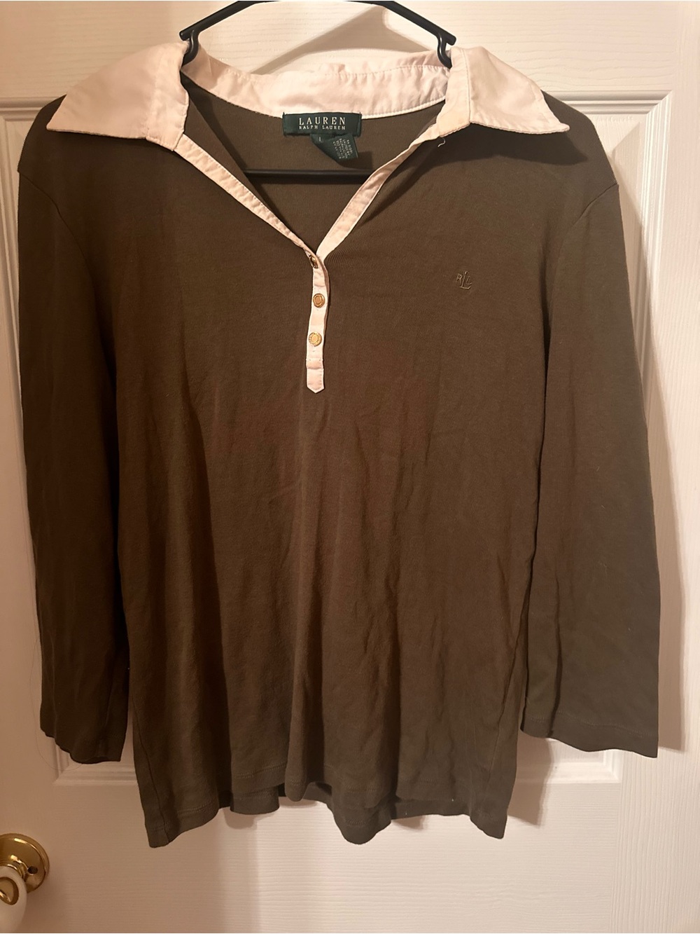 Lauren Ralph Lauren Olive Green 3/4 Sleeve Polo with Cream Collar